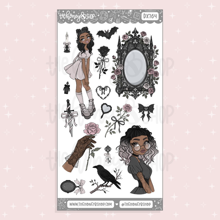 Midnight Lace decorative sticker sheet featuring raven, black roses, gothic portraits, Victorian frames, lace corset details, and dark feminine pink and black artwork.