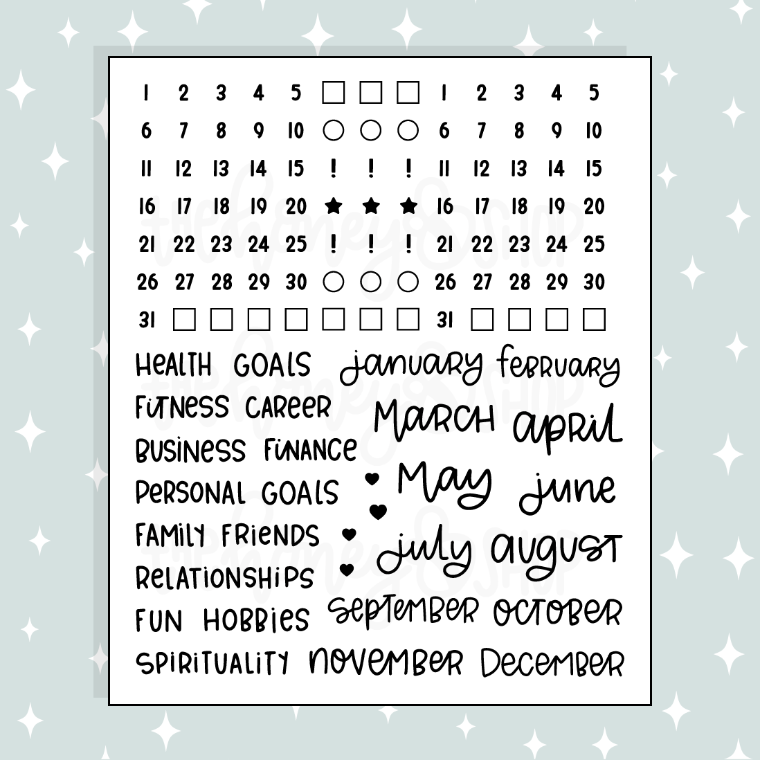 Reset Numbers, Months, + Lettering Doodle Sticker | A La Carte