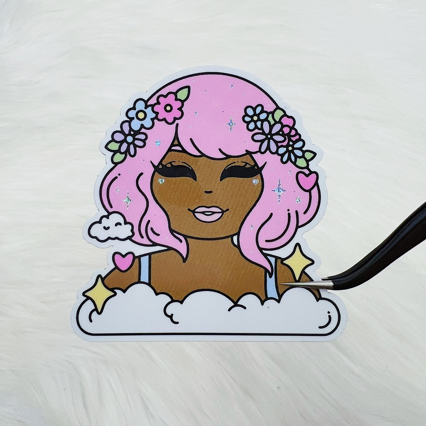 Holographic Glitter Kawaii in the Clouds Babe Vinyl Sticker Die Cut | Choose Your Skin Tone!
