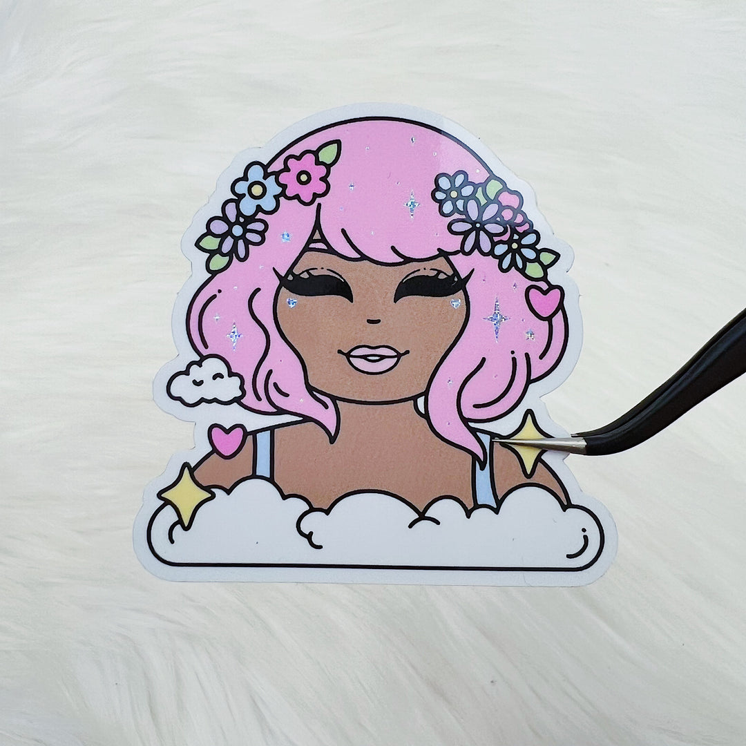 Holographic Glitter Kawaii in the Clouds Babe Vinyl Sticker Die Cut | Choose Your Skin Tone!