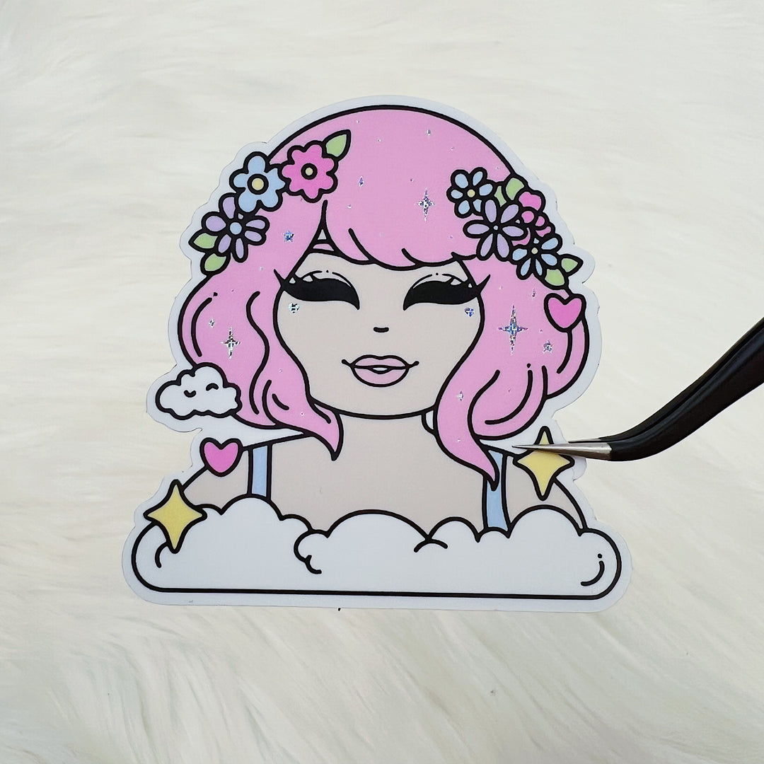 Brillo holográfico Kawaii en las nubes Bebé Vinilo Pegatina Die Cut / ¡Elige tu tono de piel!