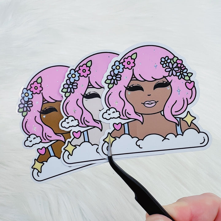 Holographic Glitter Kawaii in the Clouds Babe Vinyl Sticker Die Cut | Choose Your Skin Tone!