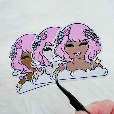 Holographic Glitter Kawaii in the Clouds Babe Vinyl Sticker Die Cut | Choose Your Skin Tone!