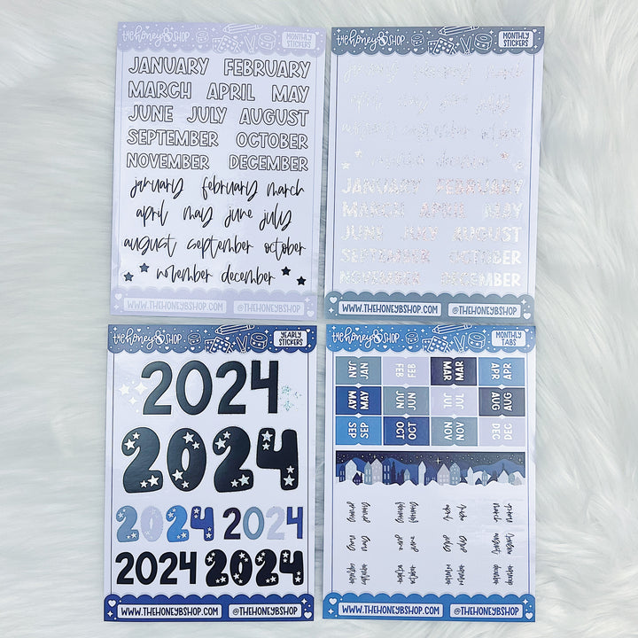 Meses, Año (2024) + Hojas de pegatinas con pestañas | Papel adhesivo brillante impermeable | Paquete de 4 hojas | Lámina holográfica de duendecillo