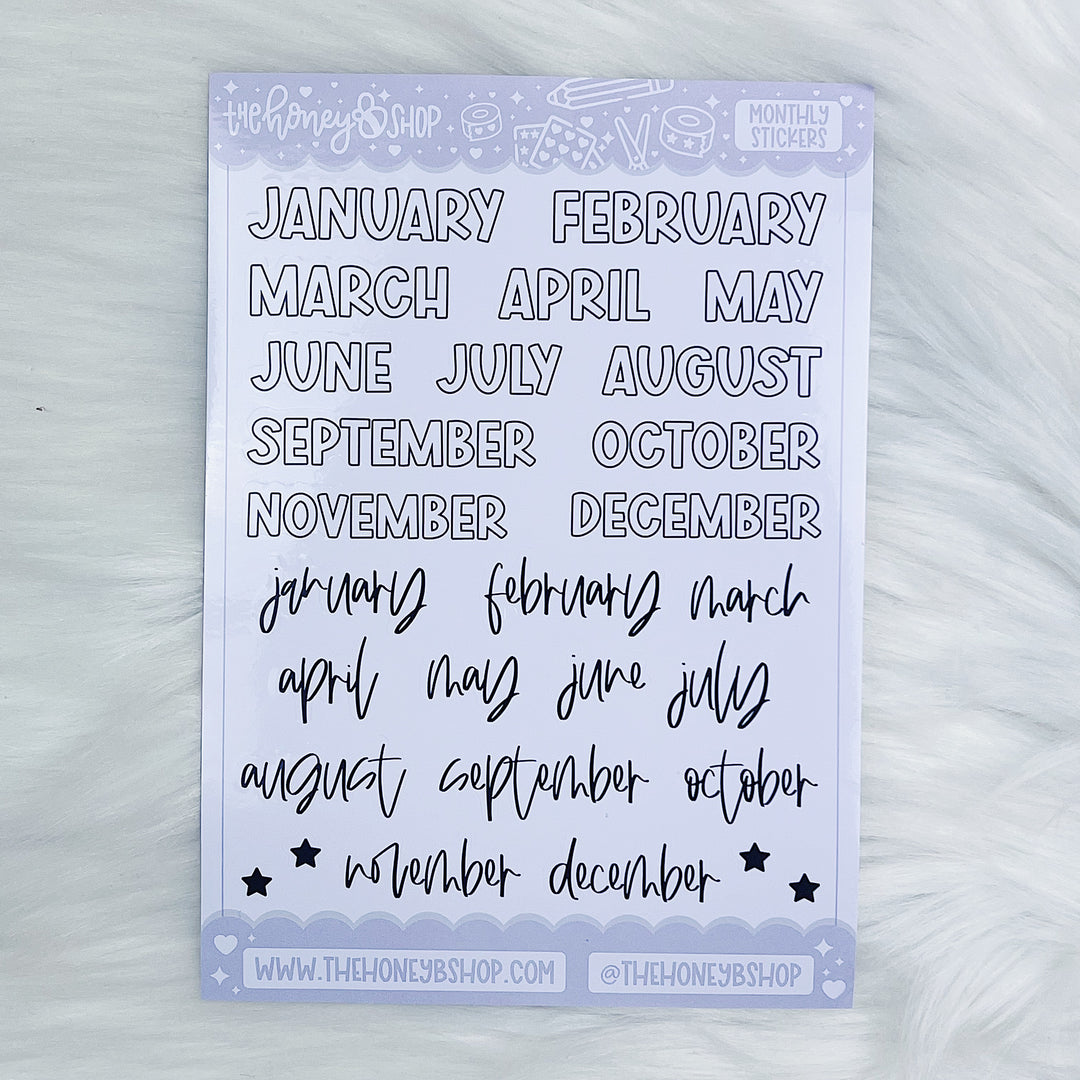 Months, Year (2024) + Tabs Sticker Sheets | Waterproof Glossy Sticker Paper | 4 Sheet Pack | Pixie Holo Foil