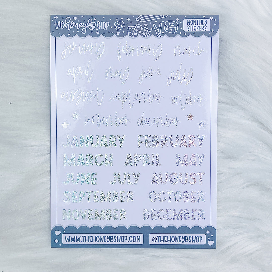 Months, Year (2024) + Tabs Sticker Sheets | Waterproof Glossy Sticker Paper | 4 Sheet Pack | Pixie Holo Foil