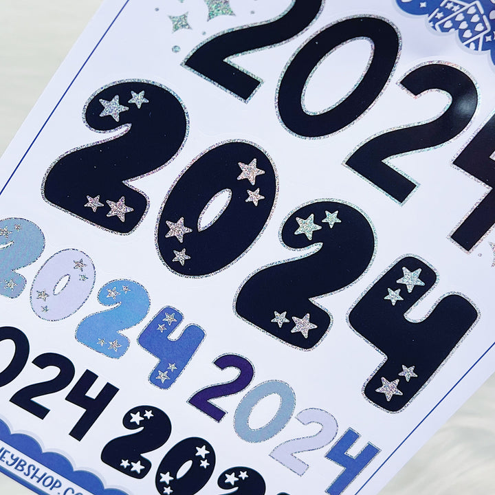 Months, Year (2024) + Tabs Sticker Sheets | Waterproof Glossy Sticker Paper | 4 Sheet Pack | Pixie Holo Foil