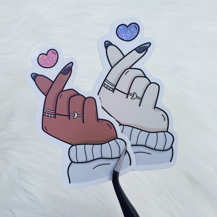 Finger Hearts Vinyl Sticker Die Cut | Glitter Holographic Foiled | Choose Your Skin Tone