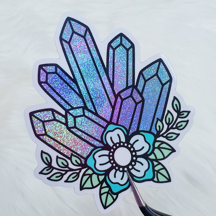 Floral Crystals Vinyl Sticker Die Cut | Glitter Holographic Foiled