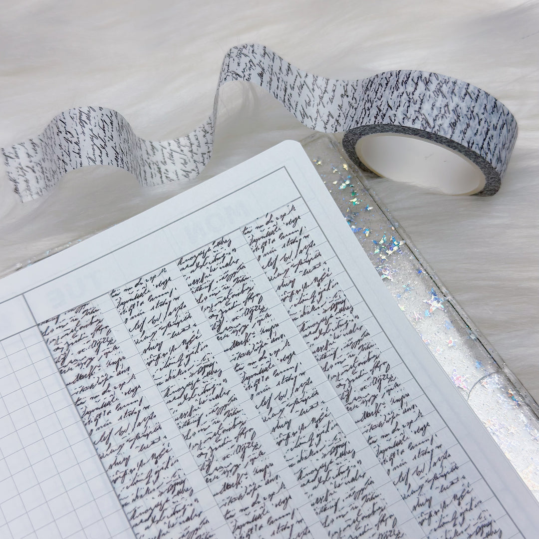 Roll of washi tape with black text on a white surface