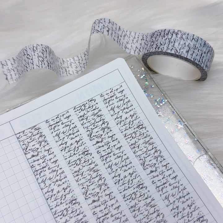 Roll of washi tape with black text on a white surface