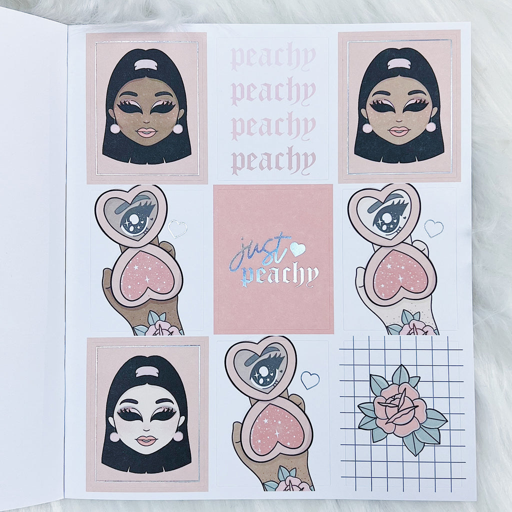Libro de pegatinas Just Peachy | Papel adhesivo mate | 10 páginas | Holográfico frustrado