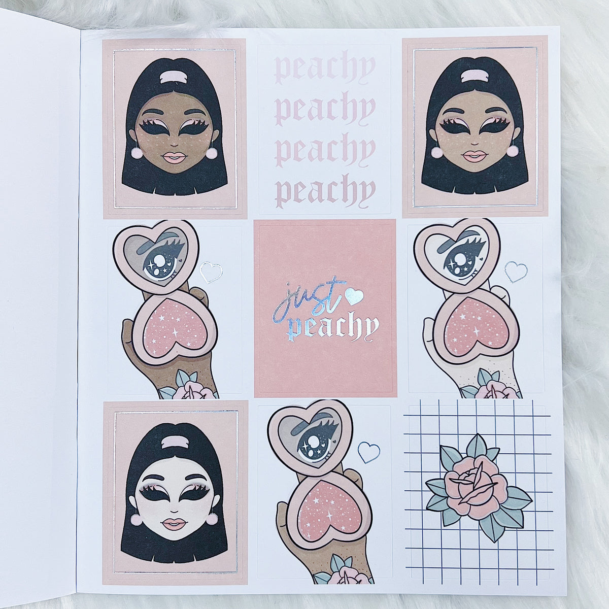 Libro de pegatinas Just Peachy | Papel adhesivo mate | 10 páginas | Holográfico frustrado