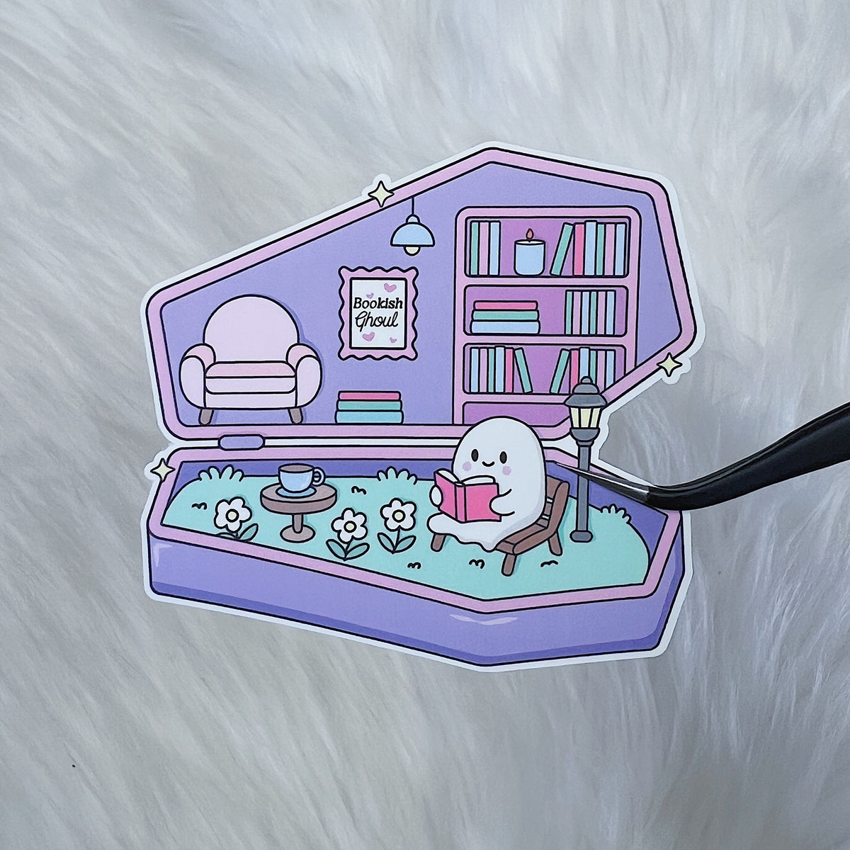 Ghostie Reading In Coffin Vinyl Sticker Die Cut