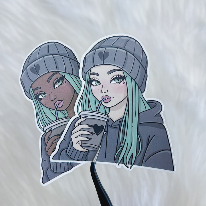 Beanie Babe with Coffee Vinyl Sticker Die Cut | Choose Your Skin Tone!