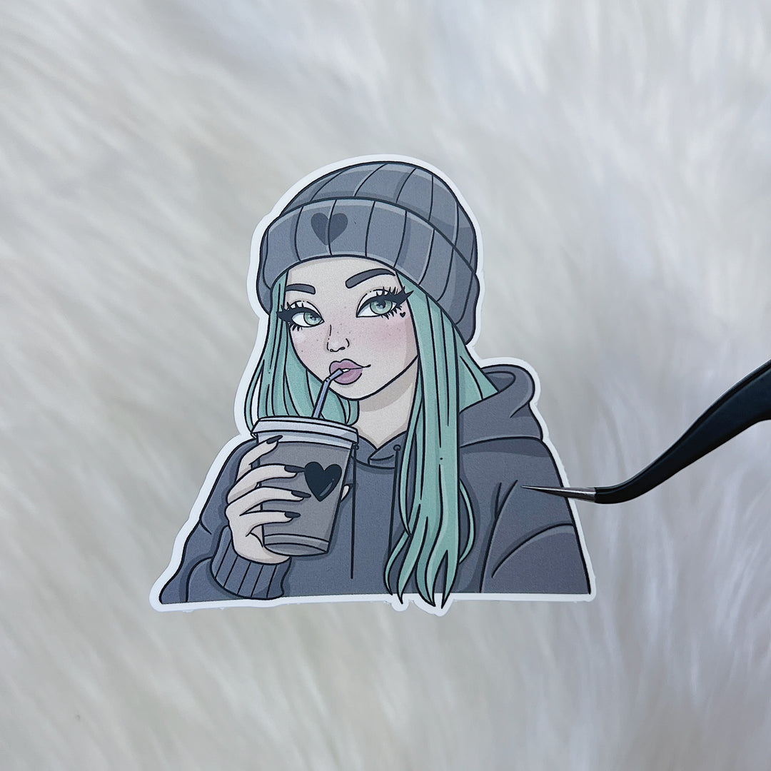 Beanie Babe with Coffee Vinyl Sticker Die Cut | Choose Your Skin Tone!