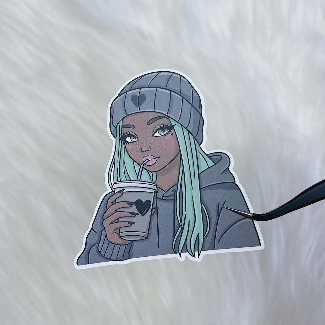 Beanie Babe with Coffee Vinyl Sticker Die Cut | Choose Your Skin Tone!