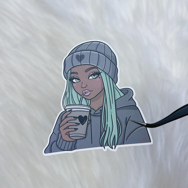 Beanie Babe with Coffee Vinyl Sticker Die Cut | Choose Your Skin Tone!