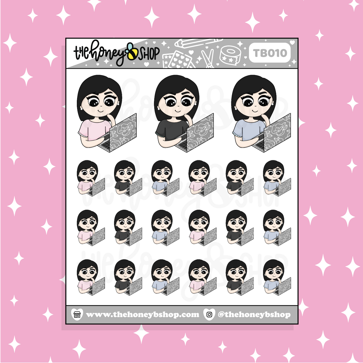 Cute + Casual Computer Sitting BabeBees Doodle Sticker | Choose Your Skin Tone!