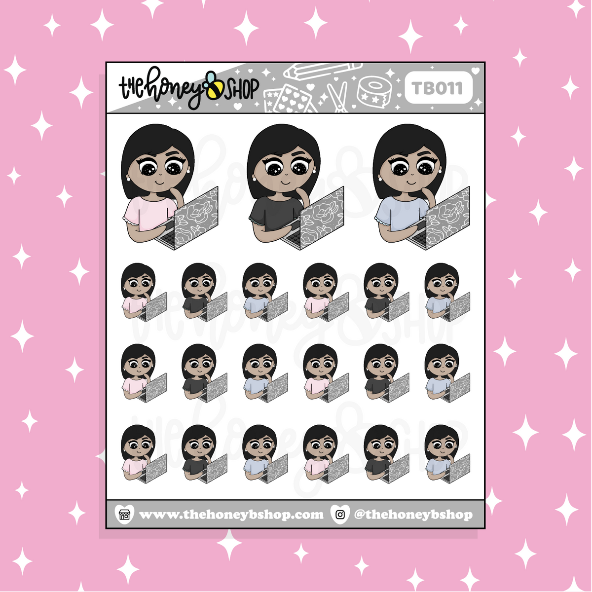 Cute + Casual Computer Sitting BabeBees Doodle Sticker | Choose Your Skin Tone!