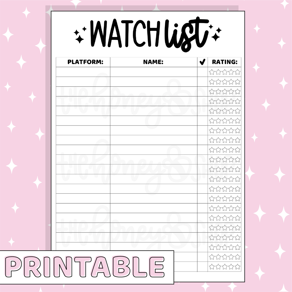 Watch List Printable Bee-6 Full Page Sticker | B6 Planner | Printable Planner Stickers