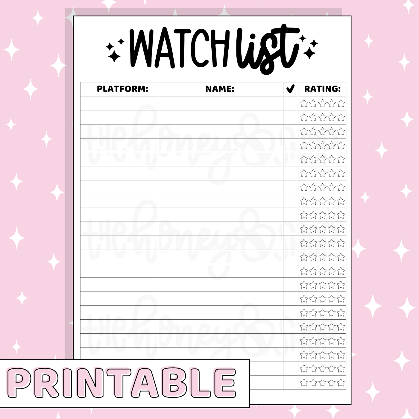 Watch List Printable Bee-6 Full Page Sticker | B6 Planner | Printable Planner Stickers