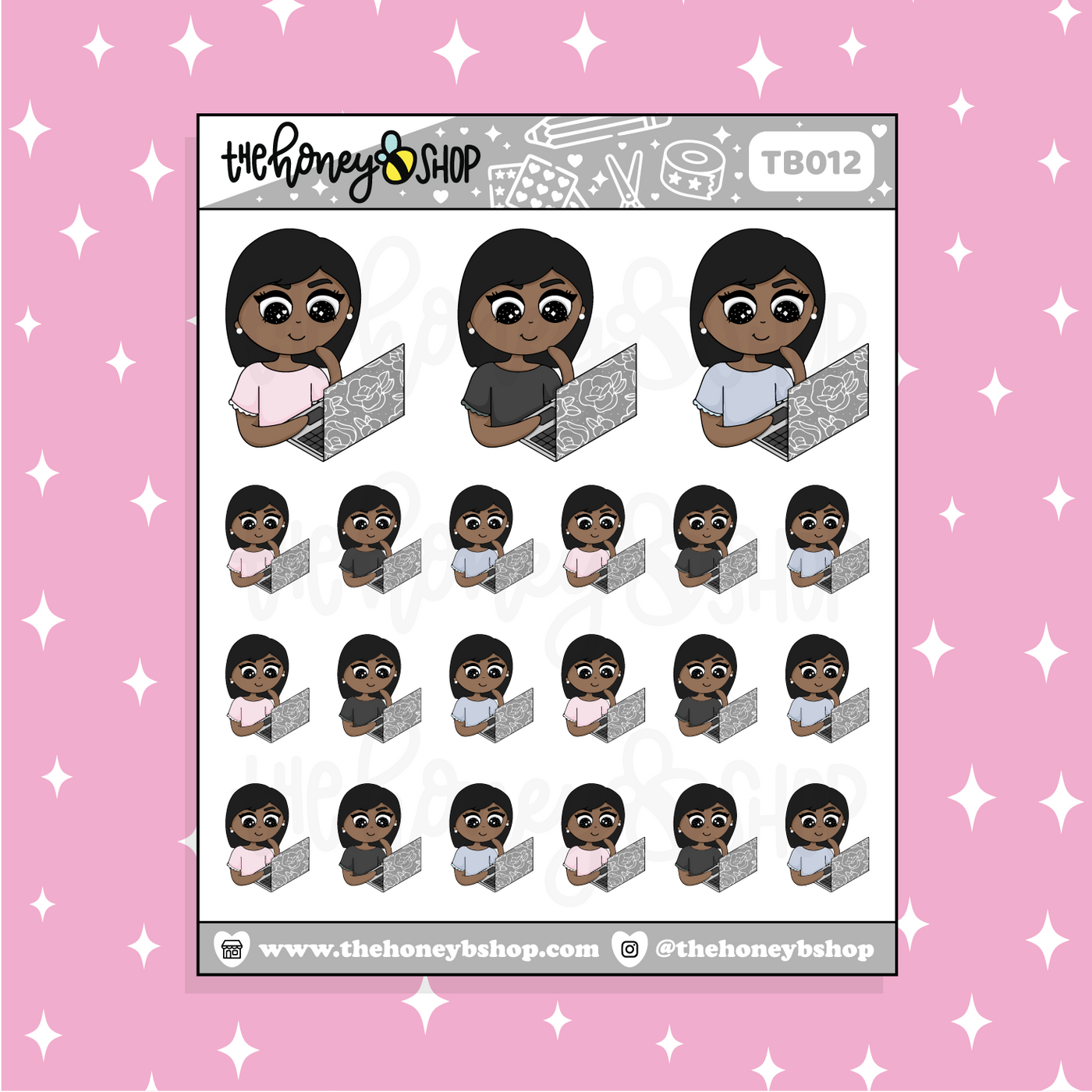 Cute + Casual Computer Sitting BabeBees Doodle Sticker | Choose Your Skin Tone!