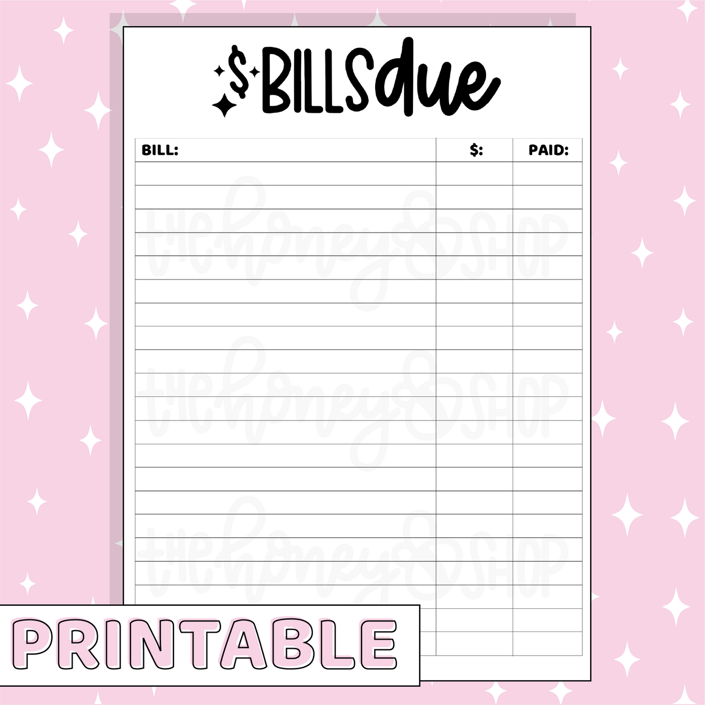 Bills Due Printable Bee-6 Full Page Sticker | B6 Planner | Printable Planner Stickers