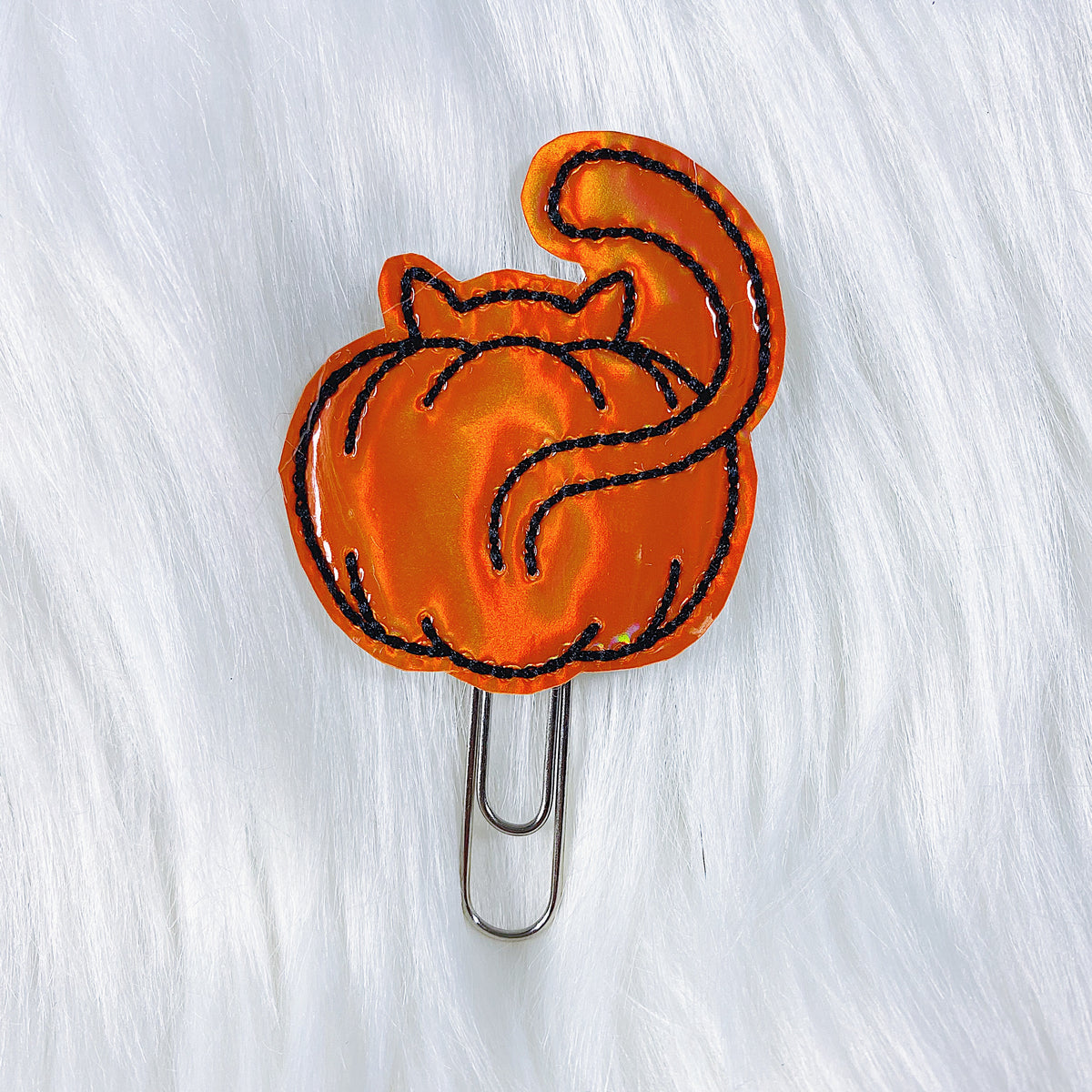 Orange Holographic Pumpkin Kitty Butt Feltie Planner Clip