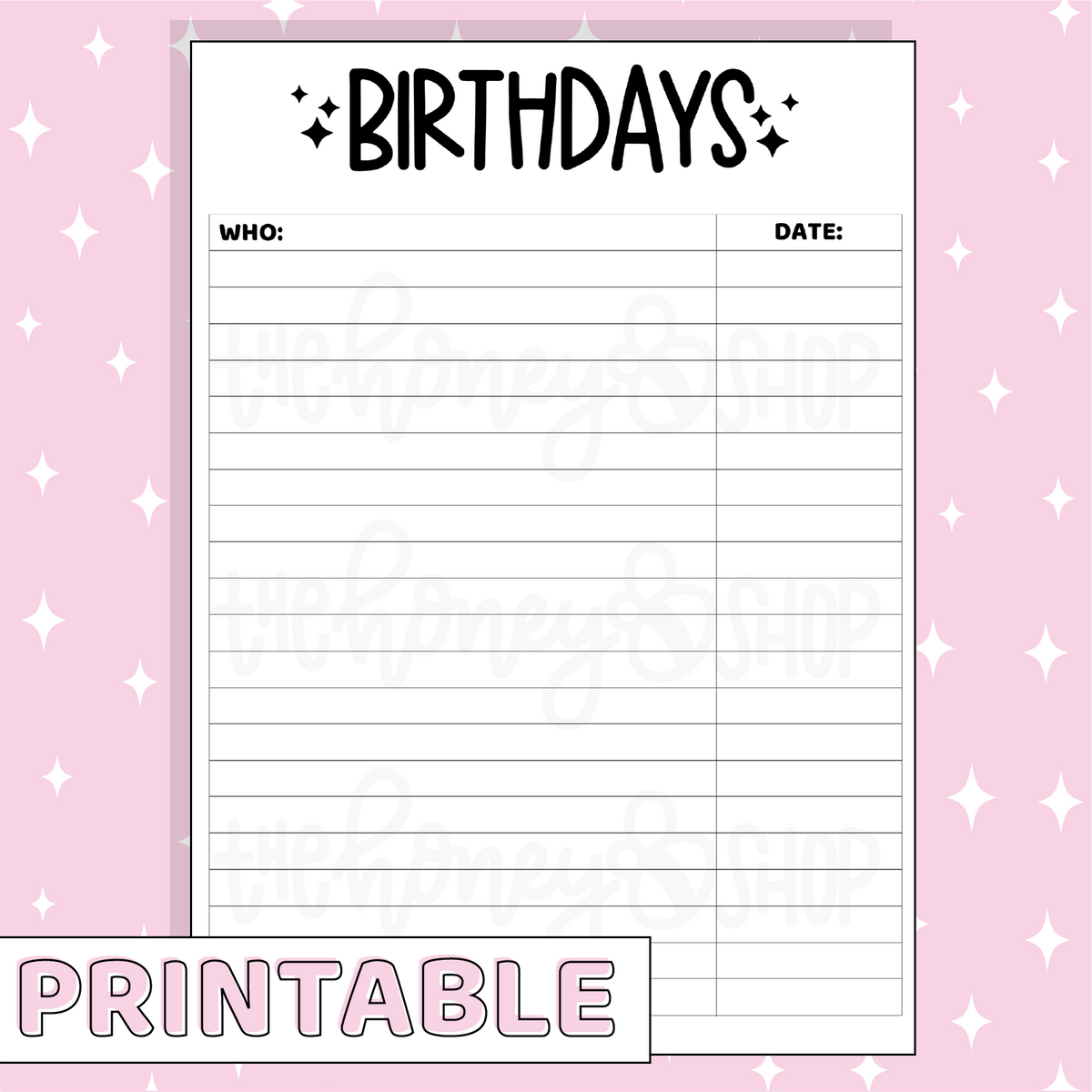 Birthdays Printable Bee-6 Full Page Sticker | B6 Planner | Printable Planner Stickers