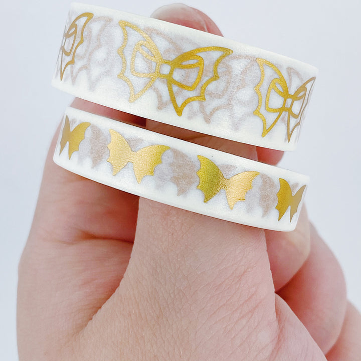 White + Gold Holo Bat Bow Washi Bundle