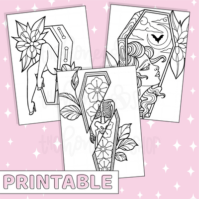 Coffin Coloring Page Set Printable Bee-6 Full Page Sticker | B6 Planner | Printable Planner Stickers