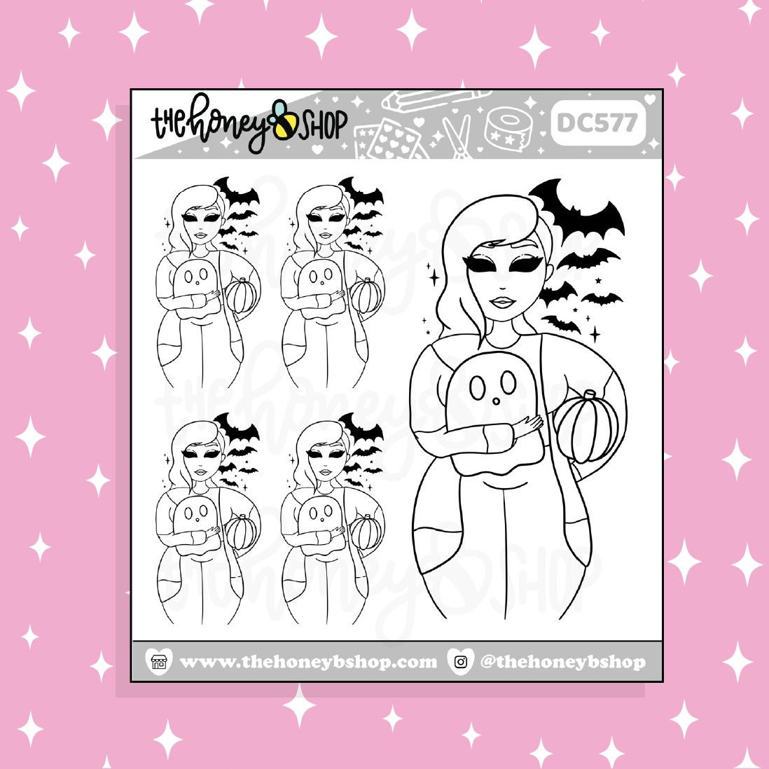 Halloween Ready Babe Doodle Sticker | Black + White Outline