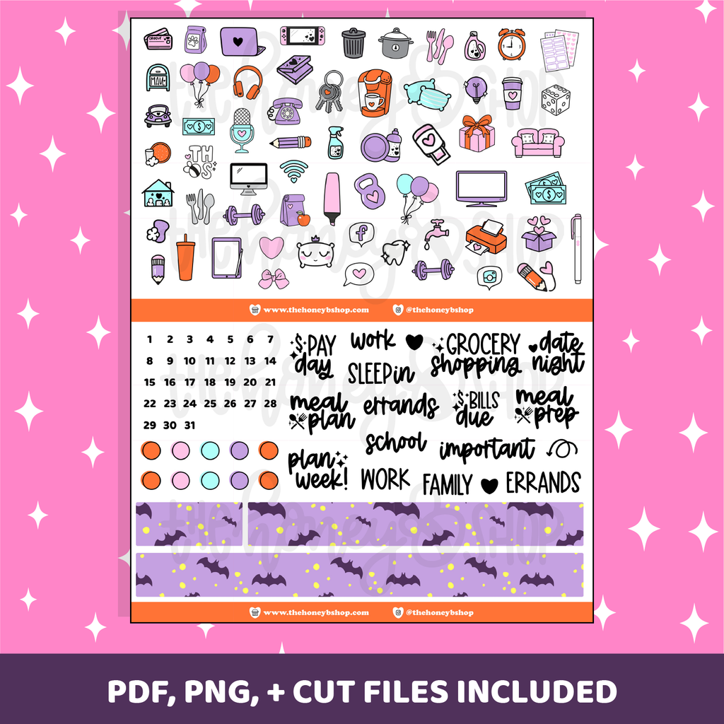 Kit semanal imprimible lindo y espeluznante | Planificador vertical | Pegatinas imprimibles del planificador
