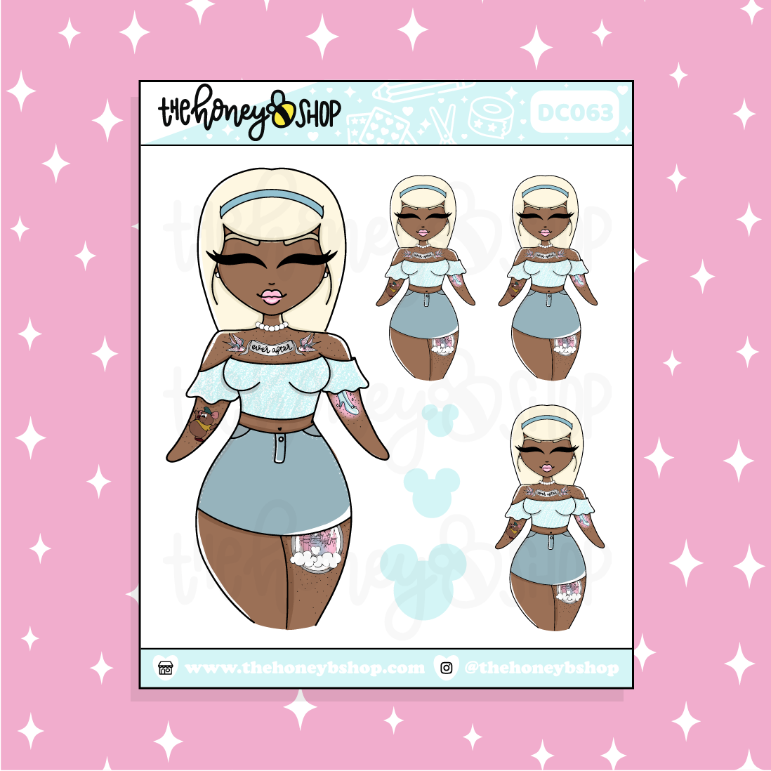 Tattooed Cinderella Babe Doodle Sticker | Choose your Skin Tone!