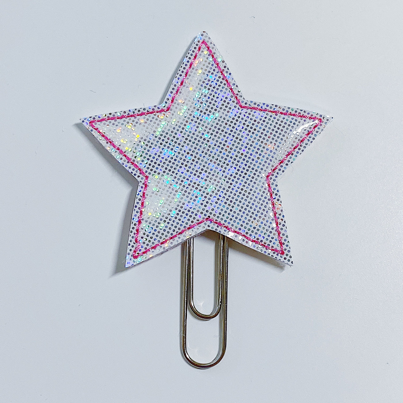 White Glitter Star / Pink Stitching Feltie Planner Clip
