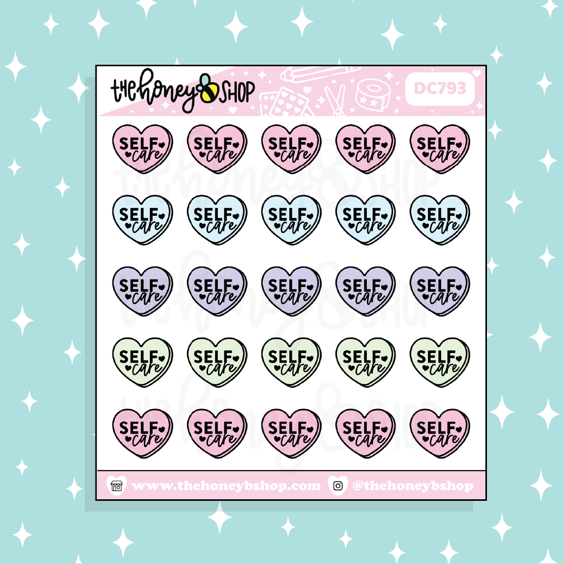 Self Care Hearts Lettering Doodle Sticker