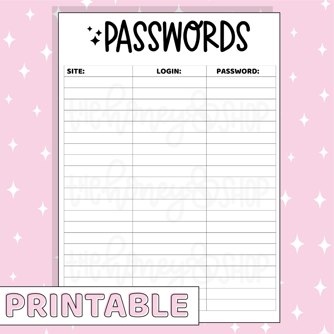 Passwords Printable Bee-6 Full Page Sticker | B6 Planner | Printable P ...