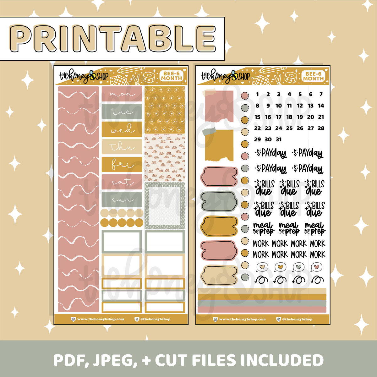 Kit mensual imprimible Boho | Planificador BEE6 PRT | Pegatinas imprimibles del planificador