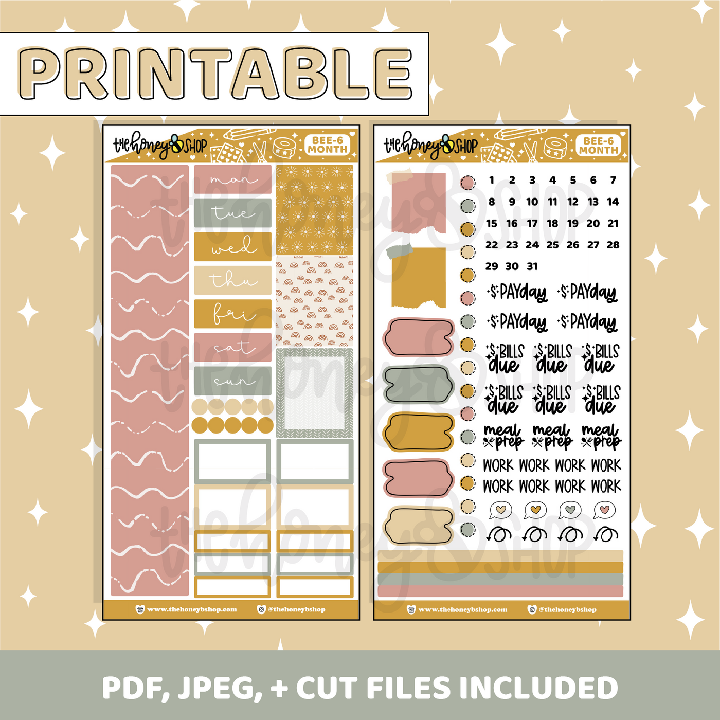 Boho Printable Monthly Kit | BEE6 TRP Planner | Printable Planner Stickers