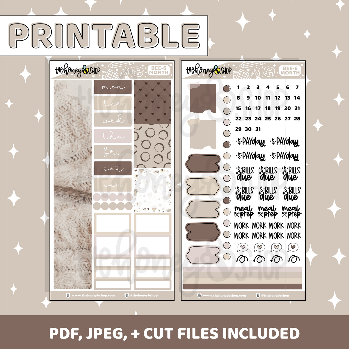 Kit mensual imprimible de crema y azúcar | Planificador BEE6 PRT | Pegatinas imprimibles del planificador