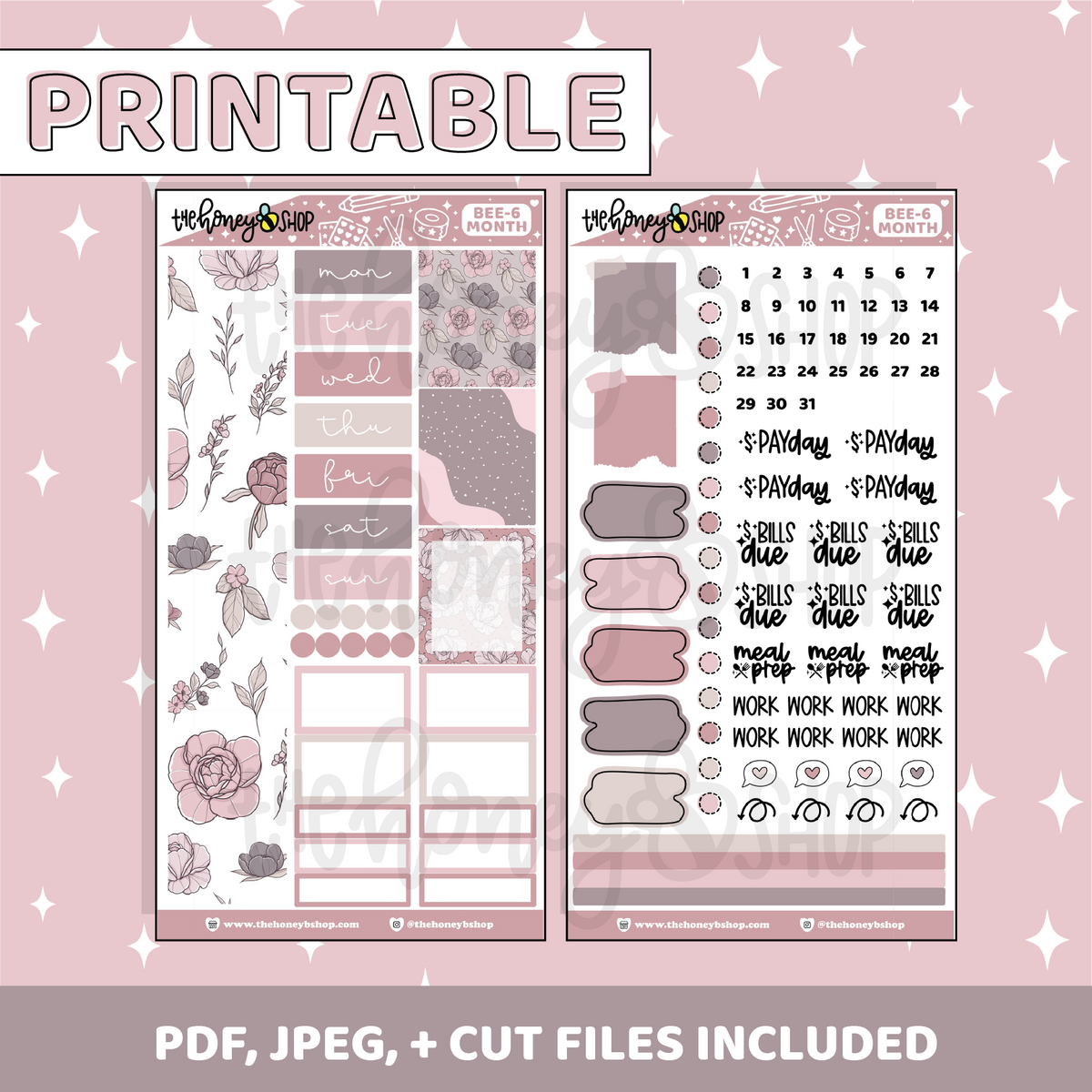 Kit mensual imprimible Grace | Planificador BEE6 PRT | Pegatinas imprimibles del planificador
