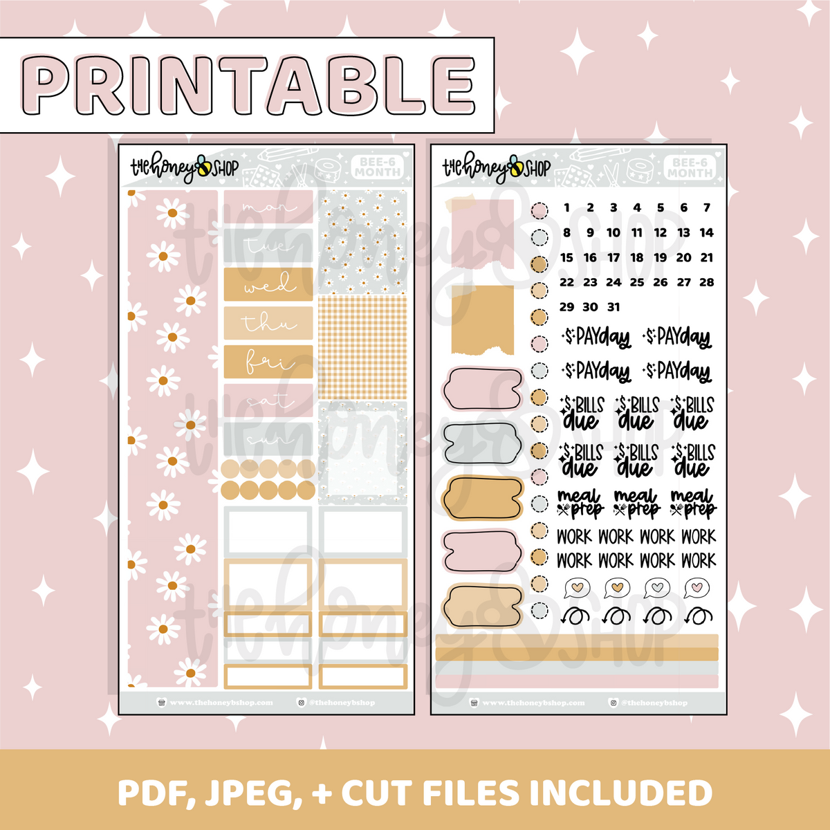 Kit mensual imprimible Hello Daisy | Planificador BEE6 PRT | Pegatinas imprimibles del planificador
