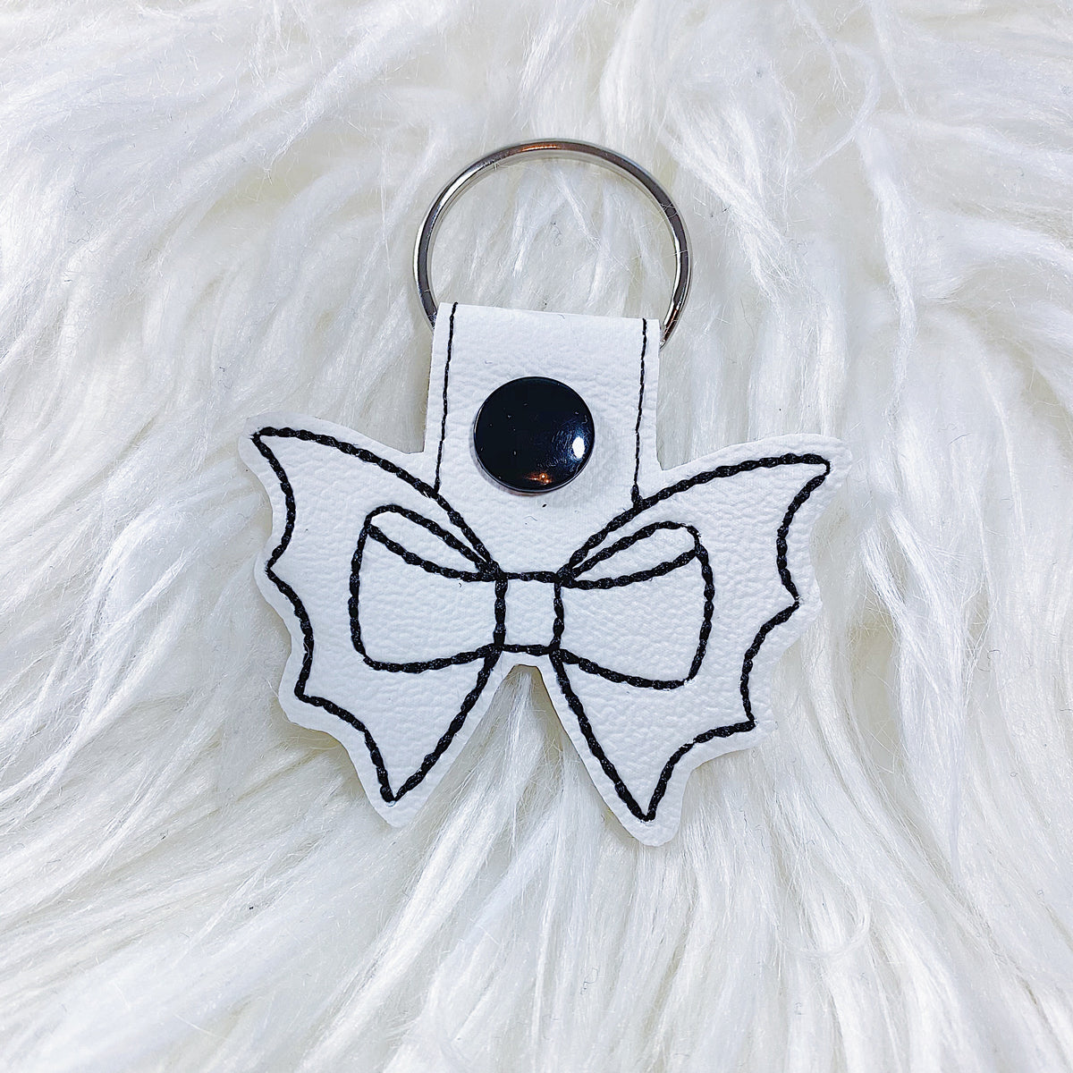 White with Black Stitching Bat Bow Feltie Snap-Tab Charm