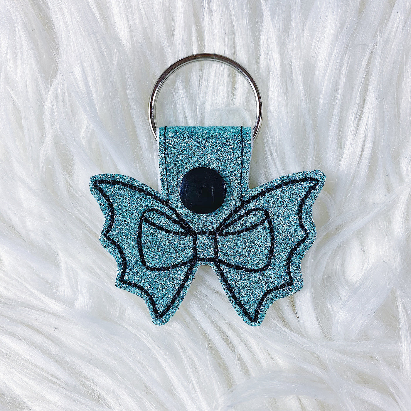 Turquoise Glitter with Black Stitching Bat Bow Feltie Snap-Tab Charm