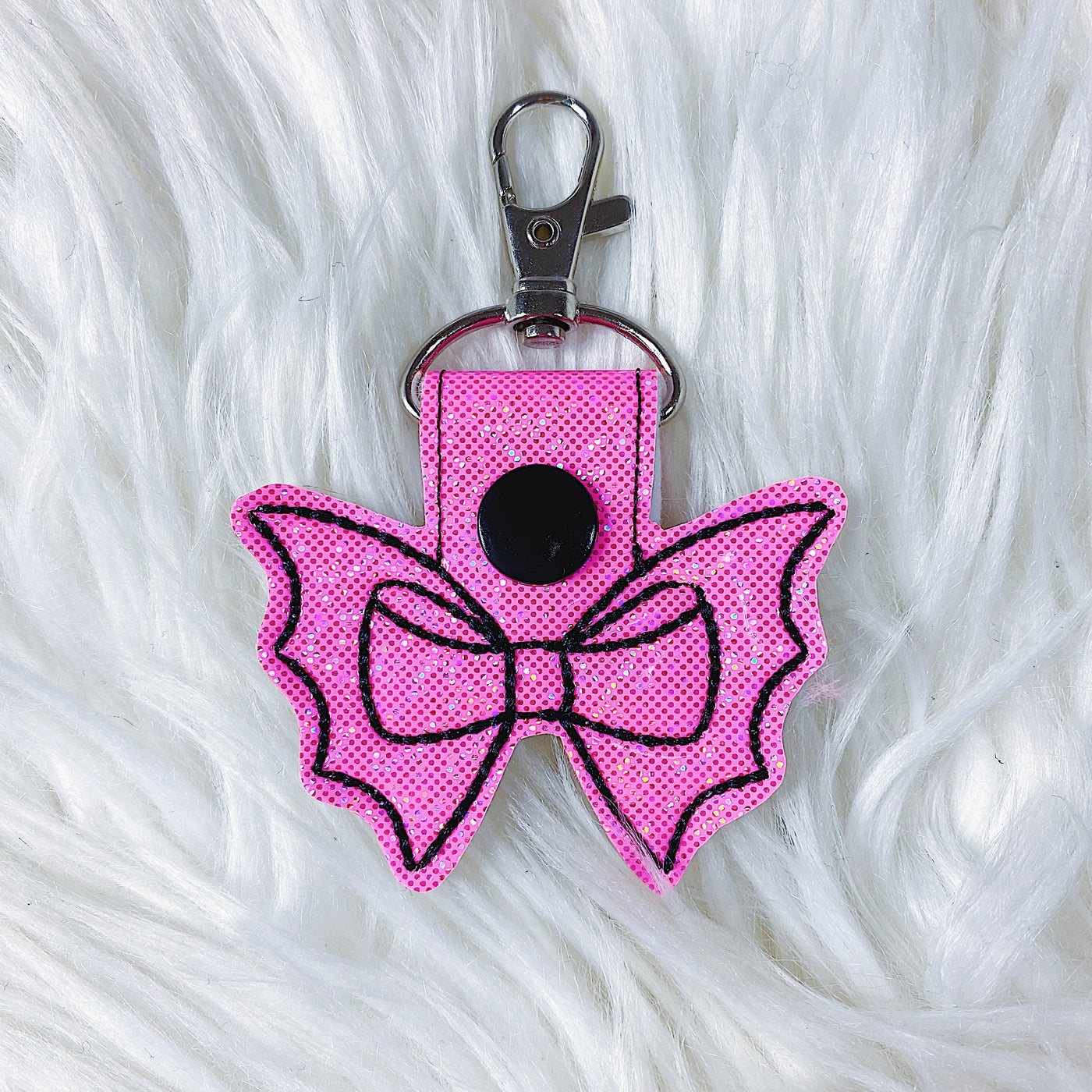 Hot Pink Glitter with Black Stitching Bat Bow Feltie Snap-Tab Charm