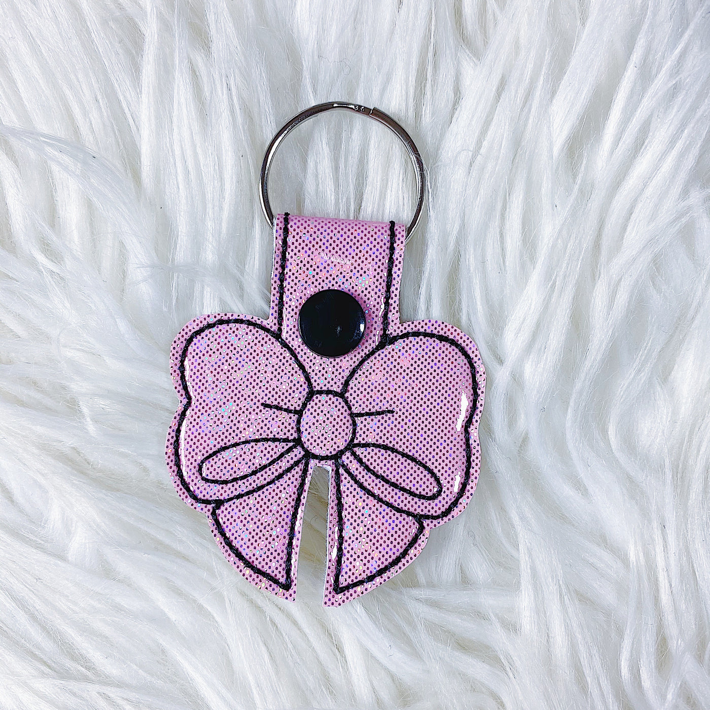 Light Pink Glitter with Black Stitching Bow Feltie Snap-Tab Charm