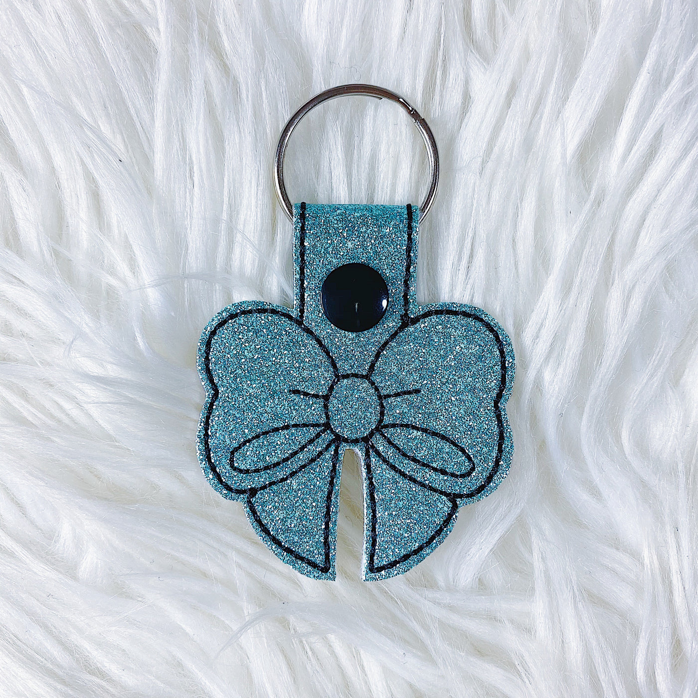 Turquoise Glitter with Black Stitching Bow Feltie Snap-Tab Charm