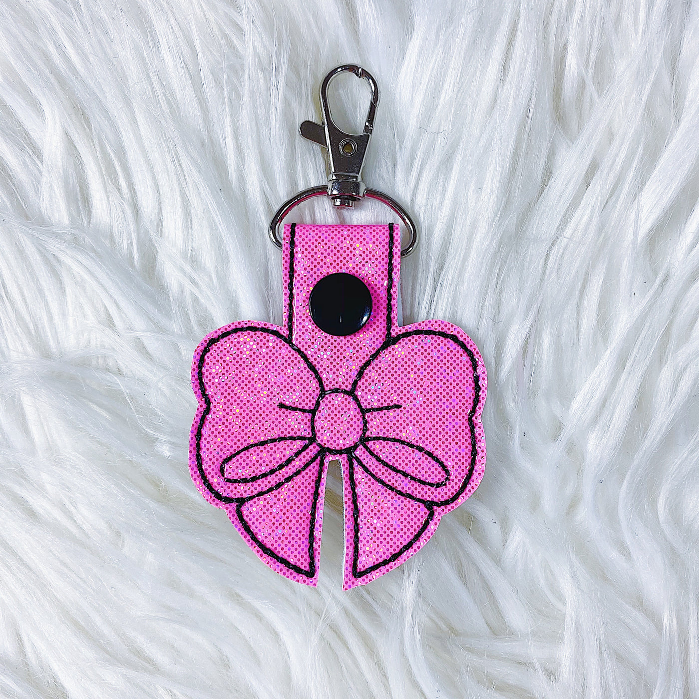 Hot Pink Glitter with Black Stitching Bow Feltie Snap-Tab Charm