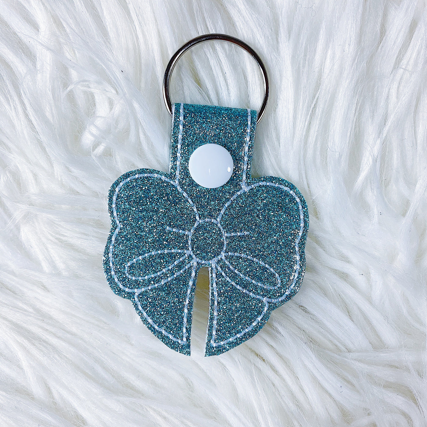 Turquoise Glitter with White Stitching Bow Feltie Snap-Tab Charm